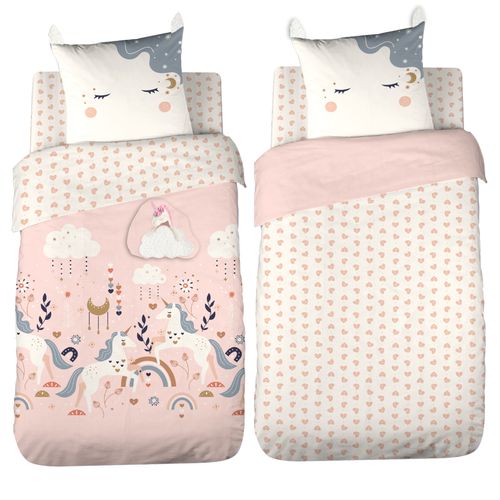 Parure De Lit Enfant Licorne Avec Poche Pour Doudou - 140x200 Cm - Rose