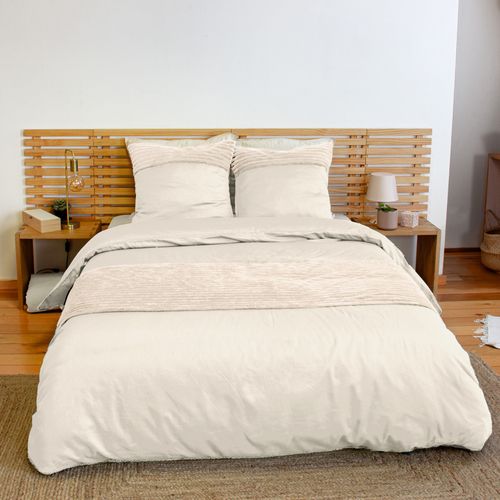 Parure De Lit 3 Pièces Velours Bande Côtelé Housse + Taies - 240x220 Cm - Crème