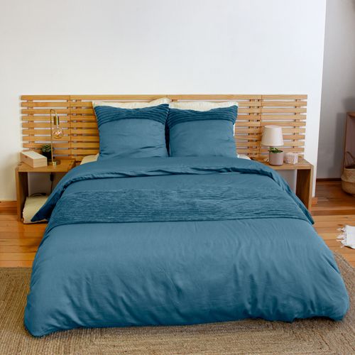 Parure De Lit 3 Pièces Velours Bande Côtelé Housse + Taies - 240x220 Cm - Bleu