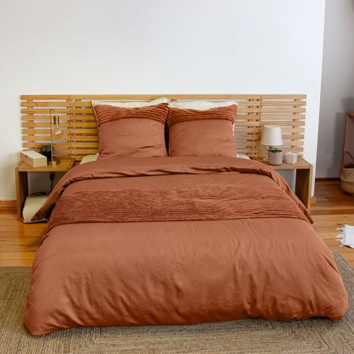 Parure De Lit 3 Pièces Velours Bande Côtelé Housse + Taies - 260x240 Cm - Terracotta