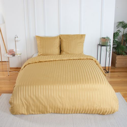 Parure De Lit 3 Pièces Satin à Fines Rayures Housse + Taies - 260x240 Cm - Jaune