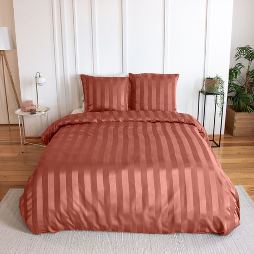 Parure De Lit 3 Pièces Satin à Fines Rayures Housse + Taies - 240x220 Cm - Terracotta