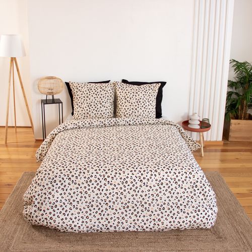 Parure De Lit 3 Pièces Léopard Coton Housse + Taies - 260x240 Cm - Ivoire