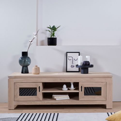 Meuble TV Bas Moderne En Chêne Blanchi 2 Portes 2 Niches - Boston