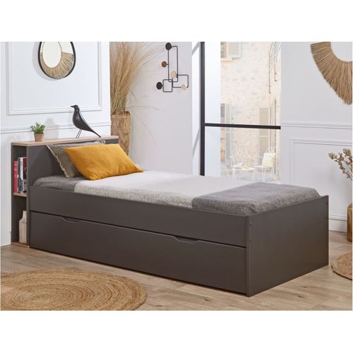 Lit Gigogne Avec Rangements 90x200 Anthracite et Bois Milor