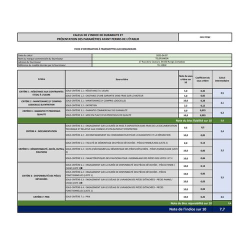 Lave-linge Frontal 8 kg 1200 trs/mn - Tll128w