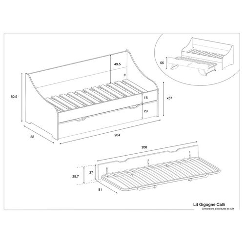 Lit Gigogne Banquette 80x200 Blanc Bercy