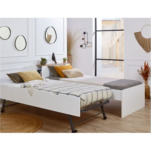 Lit Gigogne Avec Rangements 90x200 Blanc et Bois Milor