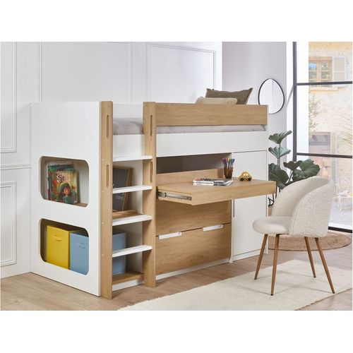 Lit Mi-hauteur 90x190 Cm Avec Bureau Et Rangement Palma Blanc et Bois