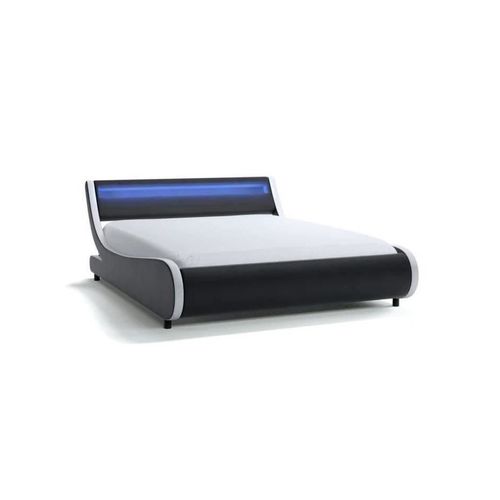 Cadre De Lit Tim Avec Éclairage LED, Tête De Lit Et Sommier à Lattes - Simili Blanc Et Noir, 160 Cm