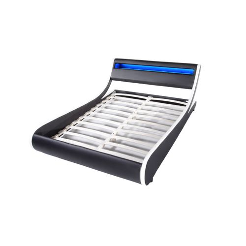 Cadre De Lit Tim Avec Éclairage LED, Tête De Lit Et Sommier à Lattes - Simili Blanc Et Noir, 160 Cm
