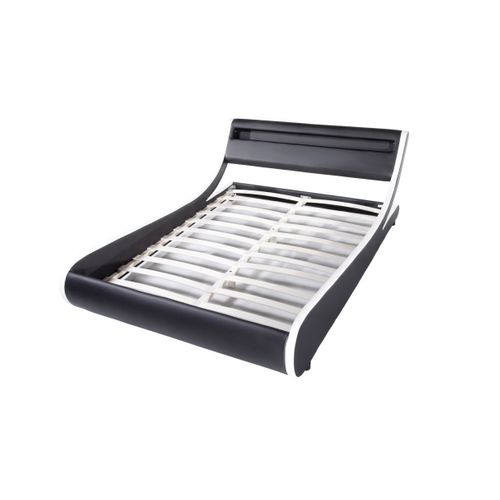 Cadre De Lit Tim Avec Éclairage LED, Tête De Lit Et Sommier à Lattes - Simili Blanc Et Noir, 160 Cm