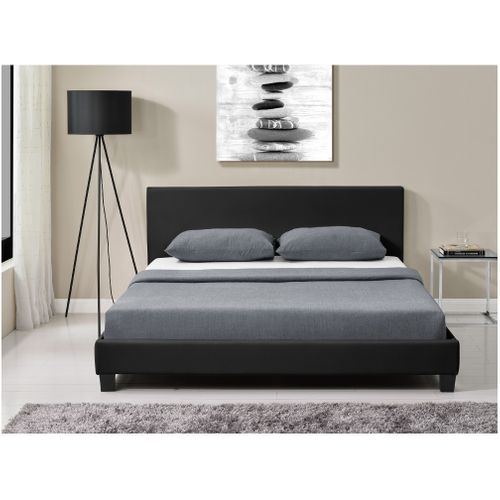 Cadre De Lit Yoko Avec Éclairage LED, Tête De Lit Et Sommier à Lattes En Simili Noir - 140 Cm