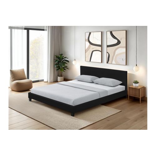 Cadre De Lit Yoko Avec Éclairage LED, Tête De Lit Et Sommier à Lattes En Simili Noir - 140 Cm