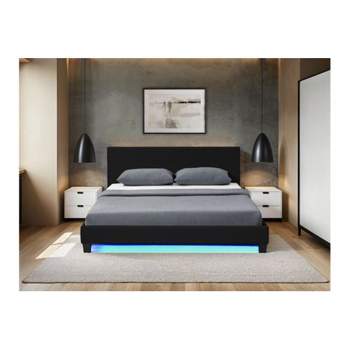 Cadre De Lit Yoko Avec Éclairage LED, Tête De Lit Et Sommier à Lattes En Simili Noir - 140 Cm