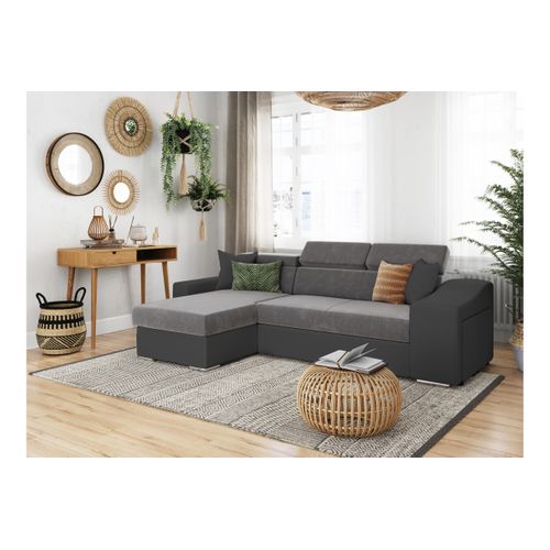Canapé D'angle Elona Convertible Bi-matière Gris Avec Poufs De Rangement À Droite