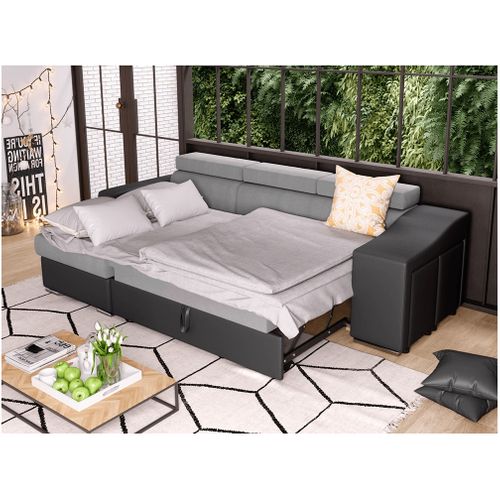 Canapé D'angle Elona Convertible Bi-matière Gris Avec Poufs De Rangement À Droite