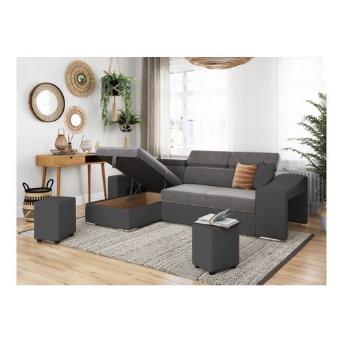 Canapé D'angle Elona Convertible Bi-matière Gris Avec Poufs De Rangement À Droite