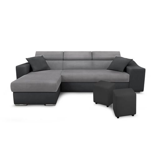 Canapé D'angle Elona Convertible Bi-matière Gris Avec Poufs De Rangement À Droite