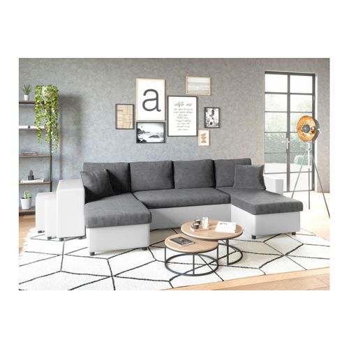 Canapé Panoramique Oslo Convertible Avec Coffres, Poufs à Gauche En Simili Blanc Et Microfibre Grise