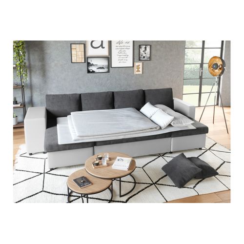 Canapé Panoramique Oslo Convertible Avec Coffres, Poufs à Gauche En Simili Blanc Et Microfibre Grise