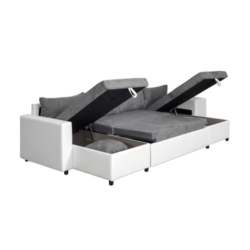Canapé Panoramique Oslo Convertible Avec Coffres, Poufs à Gauche En Simili Blanc Et Microfibre Grise