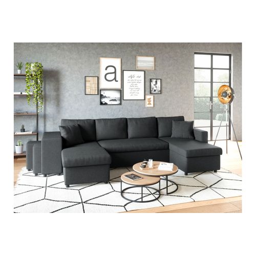 Canapé D'angle Panoramique Oslo Convertible Avec Coffres Et Poufs à Gauche En Tissu - Gris Foncé