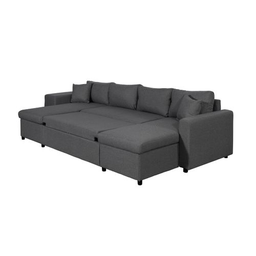 Canapé D'angle Panoramique Oslo Convertible Avec Coffres Et Poufs à Gauche En Tissu - Gris Foncé