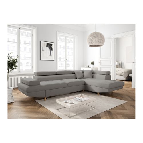 Canapé D'angle Droit Convertible Rio Scandinave Avec Coffre En Tissu - Gris Clair, Pieds Bois