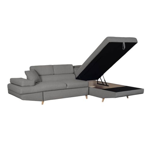 Canapé D'angle Droit Convertible Rio Scandinave Avec Coffre En Tissu - Gris Clair, Pieds Bois