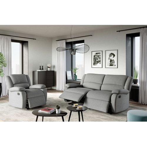 Relaxxo - Canapé Relax Manuel 3 Places Avec 2 Assises XXL Leo En Tissu - Gris Clair