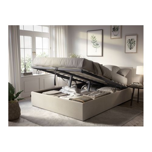 Cadre De Lit Edgar Avec Coffre De Rangement Et Tête De Lit En Velours Côtelé - Beige - 140 X 190 Cm