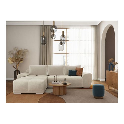 Cassandra - Canapé D'angle Convertible Avec Coffre En Tissu - Beige - Angle Gauche
