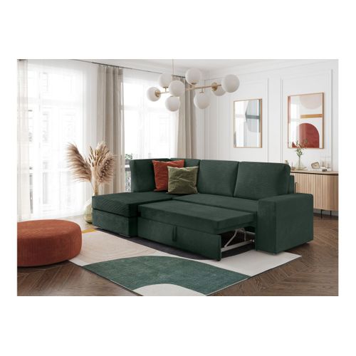 Aden - Canapé D'angle Convertible Avec Coffre En Velours Côtelé - Angle Gauche - Vert Foncé