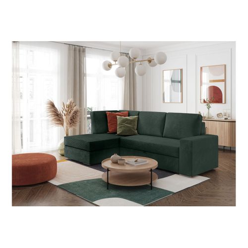 Aden - Canapé D'angle Convertible Avec Coffre En Velours Côtelé - Angle Gauche - Vert Foncé