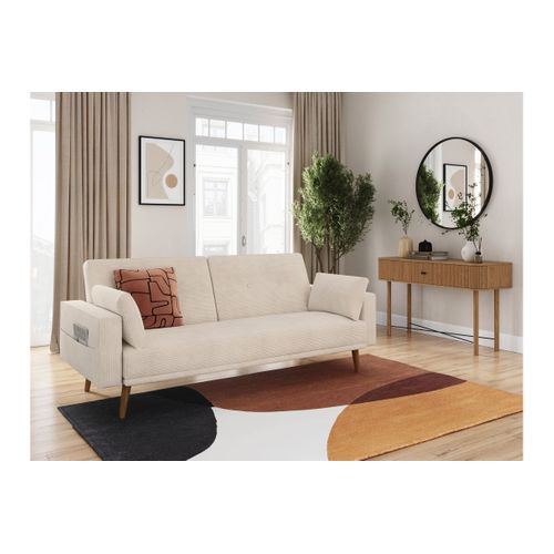 Canapé Droit Scandinave Elga Convertible 3 Places En Velours Côtelé - Beige