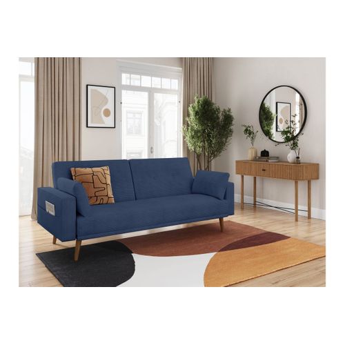 Canapé Droit Scandinave Elga Convertible 3 Places En Velours Côtelé - Bleu Foncé