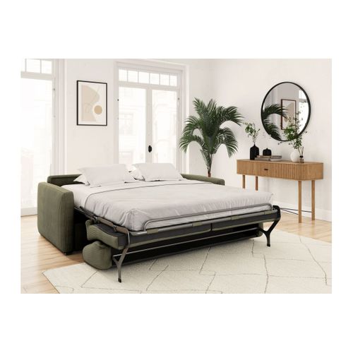 Canapé Convertible Express 3 Places Agathe En Velours Côtelé - Matelas 13cm - Vert Kaki - 140x190cm