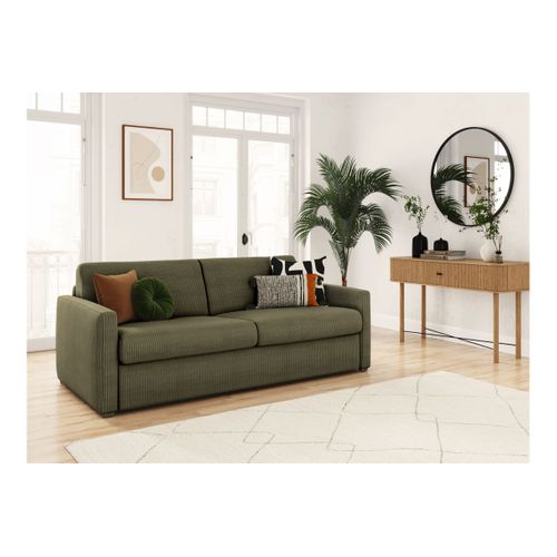 Canapé Convertible Express 3 Places Agathe En Velours Côtelé - Matelas 13cm - Vert Kaki - 140x190cm