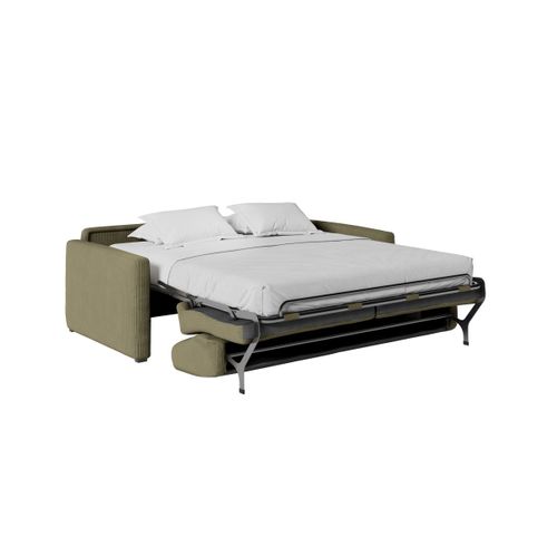 Canapé Convertible Express 3 Places Agathe En Velours Côtelé - Matelas 13cm - Vert Kaki - 140x190cm