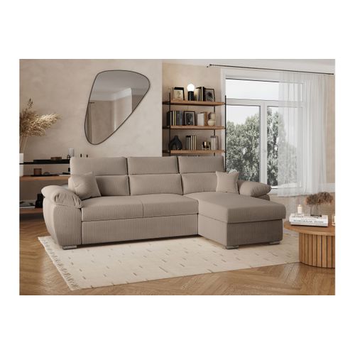 Canapé Komeco D'angle Reversible Convertible Avec Coffre Et Têtières En Velours Côtelé - Taupe
