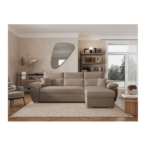 Canapé Komeco D'angle Reversible Convertible Avec Coffre Et Têtières En Velours Côtelé - Taupe