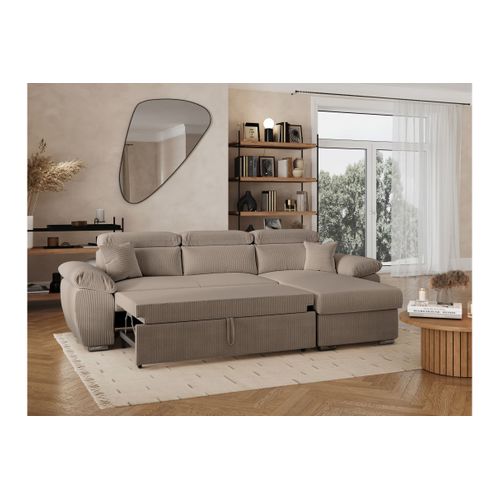 Canapé Komeco D'angle Reversible Convertible Avec Coffre Et Têtières En Velours Côtelé - Taupe