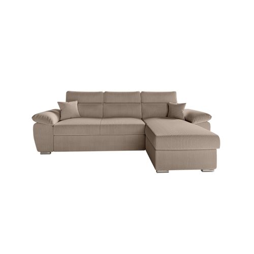 Canapé Komeco D'angle Reversible Convertible Avec Coffre Et Têtières En Velours Côtelé - Taupe