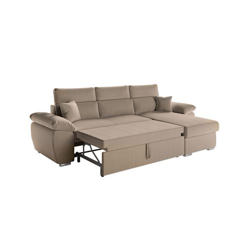 Canapé Komeco D'angle Reversible Convertible Avec Coffre Et Têtières En Velours Côtelé - Taupe