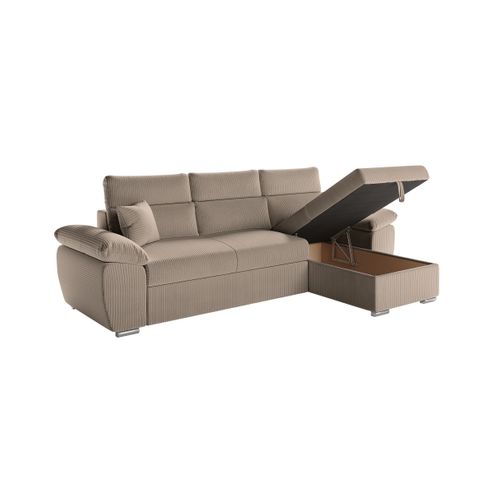 Canapé Komeco D'angle Reversible Convertible Avec Coffre Et Têtières En Velours Côtelé - Taupe