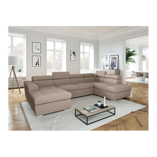 Canapé Panoramique 6 Places Paola Convertible Avec 2 Coffres En Velours Côtelé - Taupe