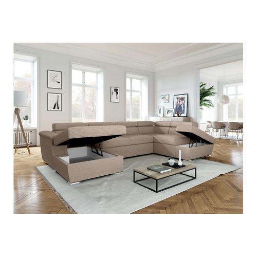 Canapé Panoramique 6 Places Paola Convertible Avec 2 Coffres En Velours Côtelé - Taupe