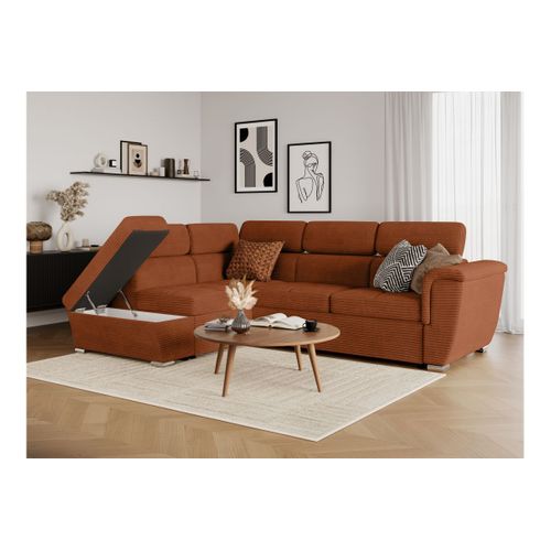 Canapé D'angle Paola Convertible Avec Coffre En Velours Côtelé - Angle Gauche - Terracotta