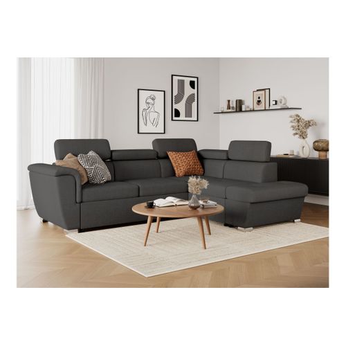Canapé D'angle Droit Convertible 4 Places Paola Avec Coffre En Tissu - Gris Foncé